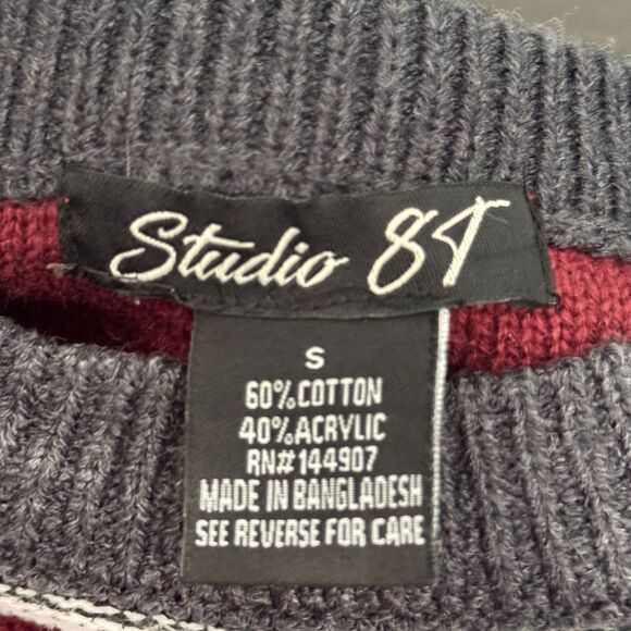 Studio 81 Striped Crewneck Sweater Men’s S GrandpaCore Retro Maroon Gray Knit - Picture 6 of 11